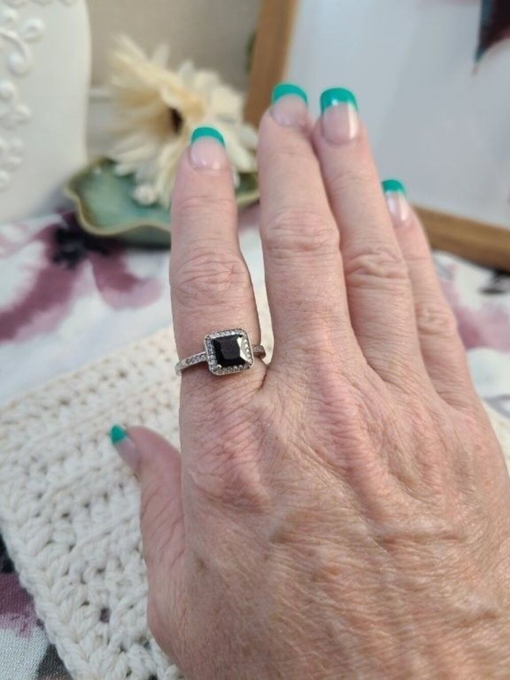 Sterling Silver Black Onyx Ring Size 7 Square Halo Stone 925 Elegant Band - Picture 7 of 8